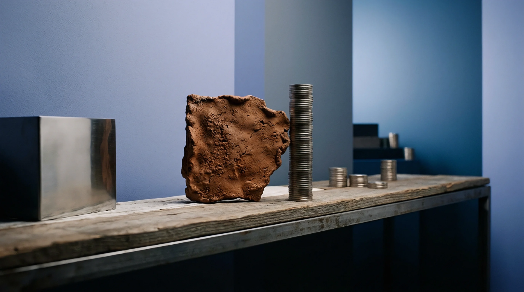 Unfinished clay raw material sits alongside a polished metal block and stacked currency tokens on a weathered wooden workbench.