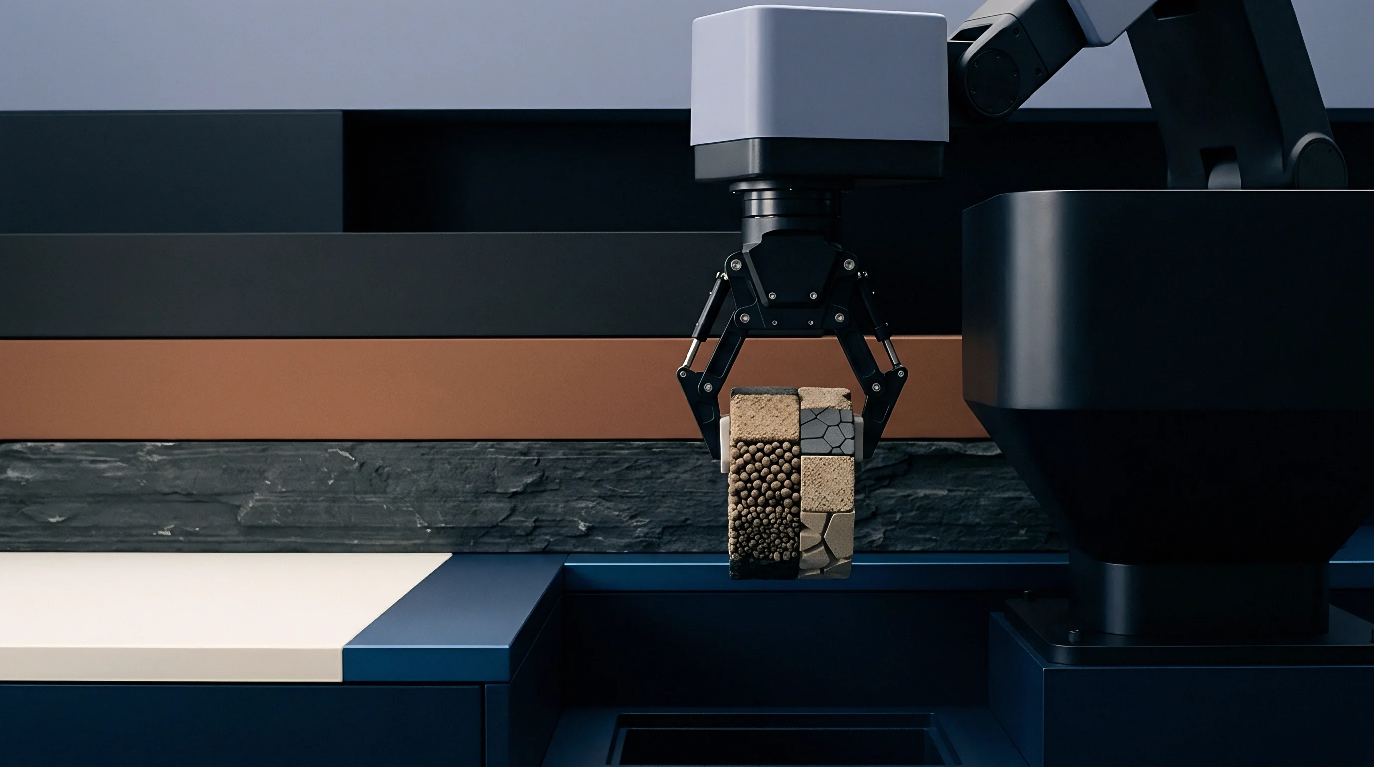 Digital render of an industrial robotic arm gripping a modular composite material block inside a modern manufacturing facility.