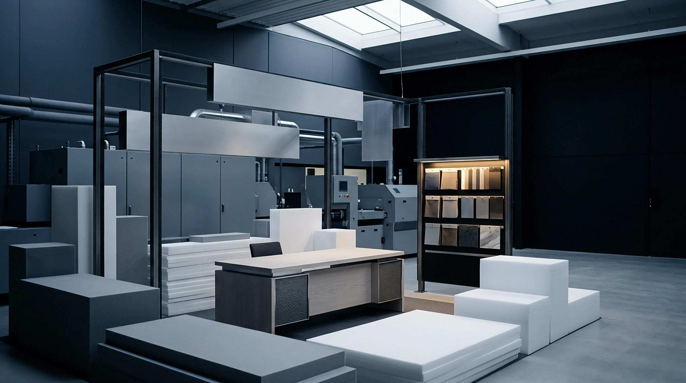 Timber and composite office furniture occupies the foreground of a digital render set inside a dark industrial manufacturing facility with skylights.