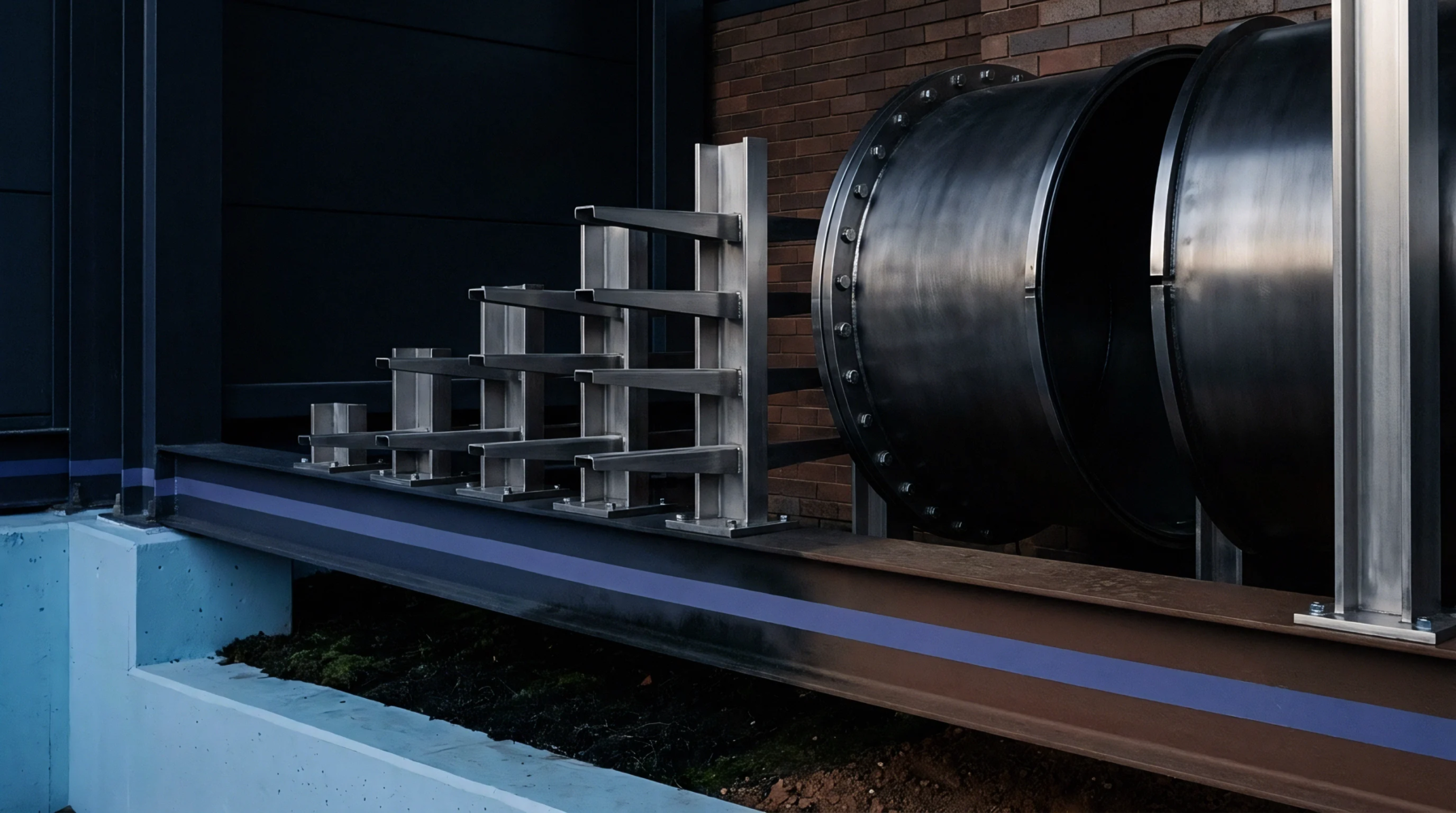 Precision engineered steel brackets and large flanged cylindrical vessels rest on a heavy structural beam against an industrial brick facade.