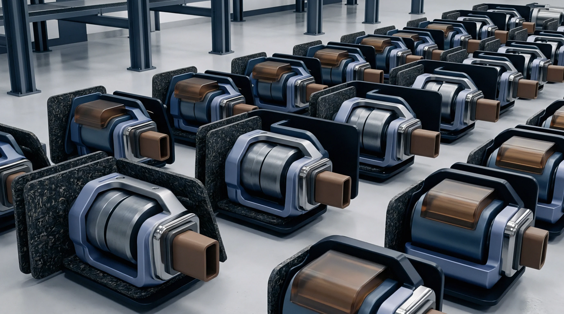 Digital rendering of identical industrial actuators arranged on a factory floor demonstrates modular components ready for assembly into larger mechanical systems.