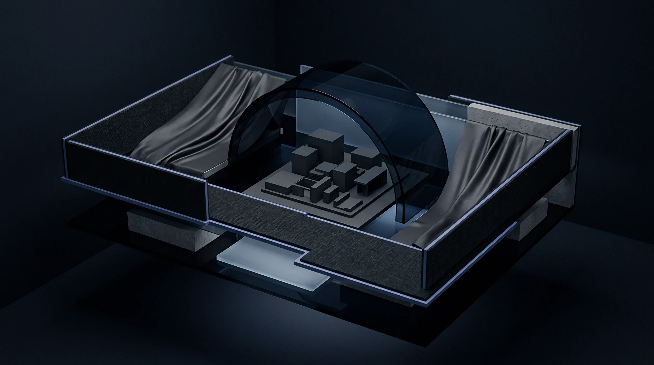 Miniature geometric manufacturing blocks sit beneath a curved translucent protective dome flanked by dark draped industrial fabric within a layered structural assembly.