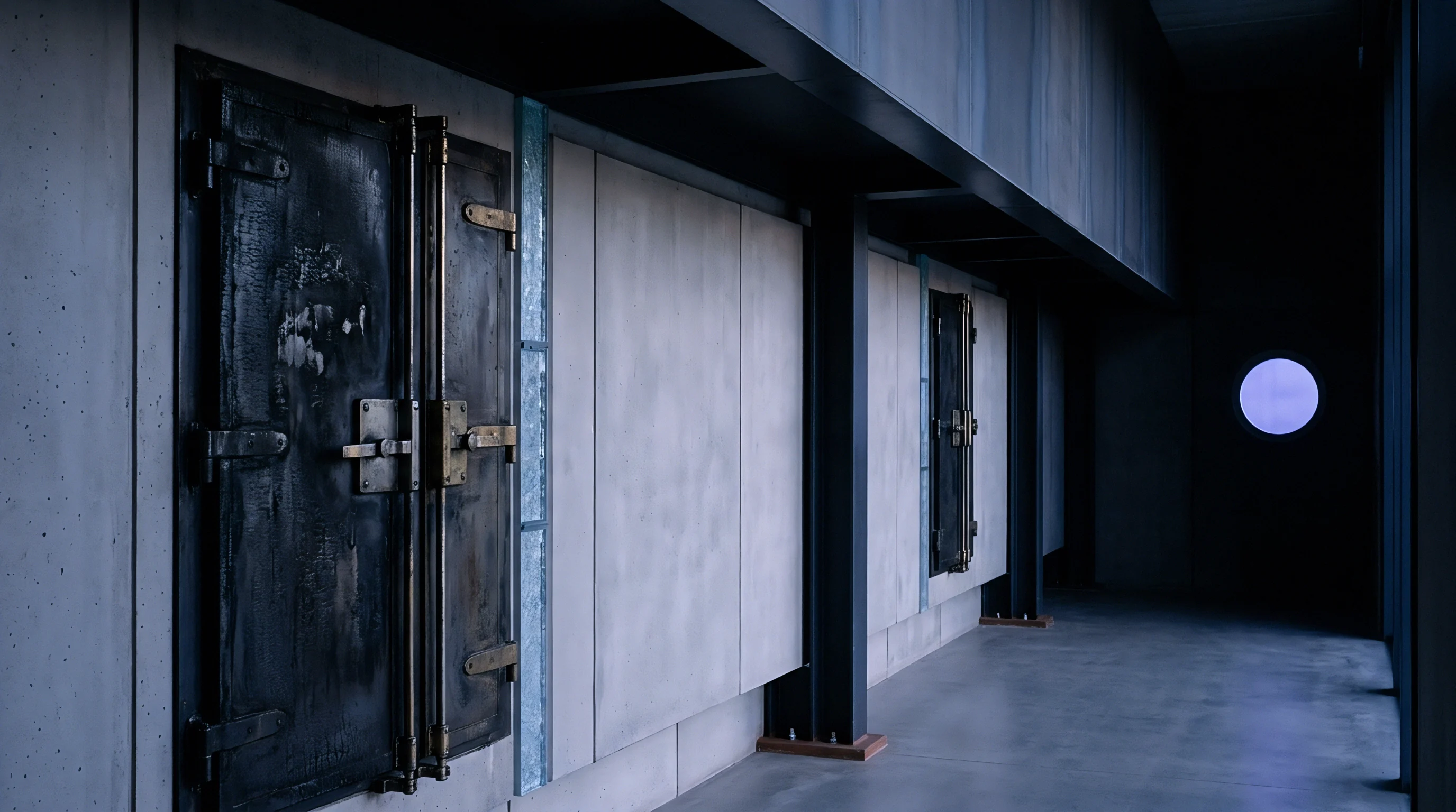 Heavy metal security doors with bronze locking bars stand set in concrete walls along a dark industrial facility corridor.