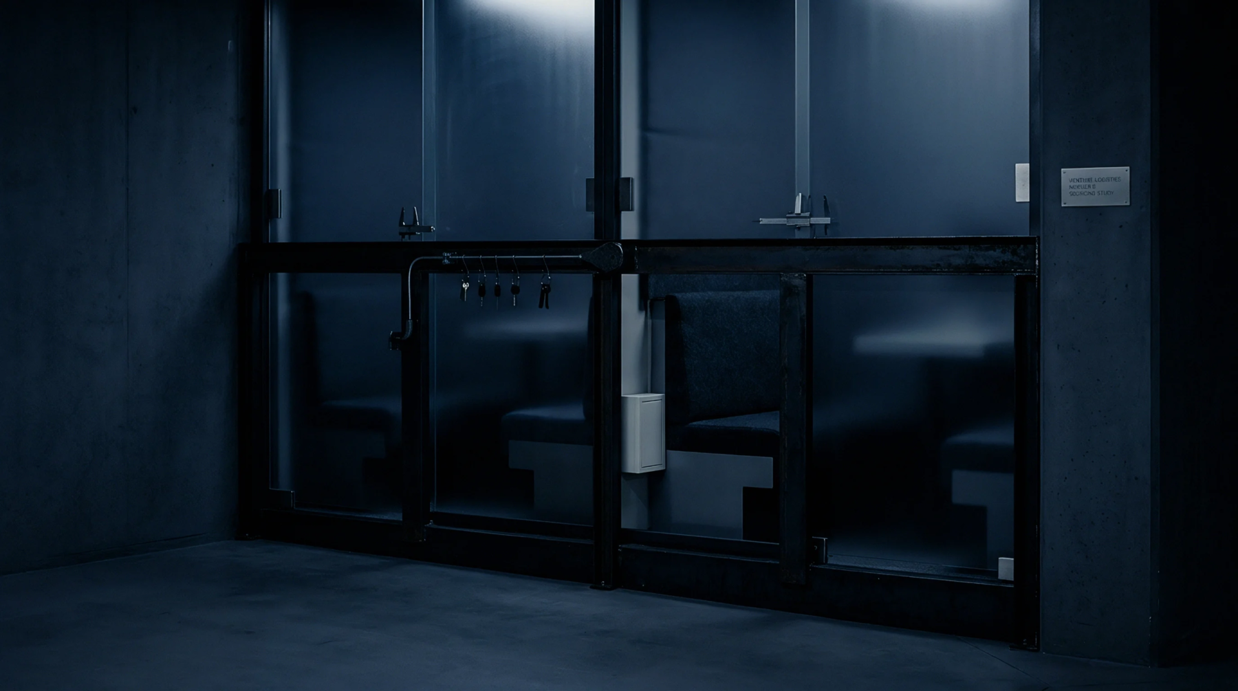 Steel and glass partition framing modular consultation booths with dark upholstery inside a commercial manufacturing facility.