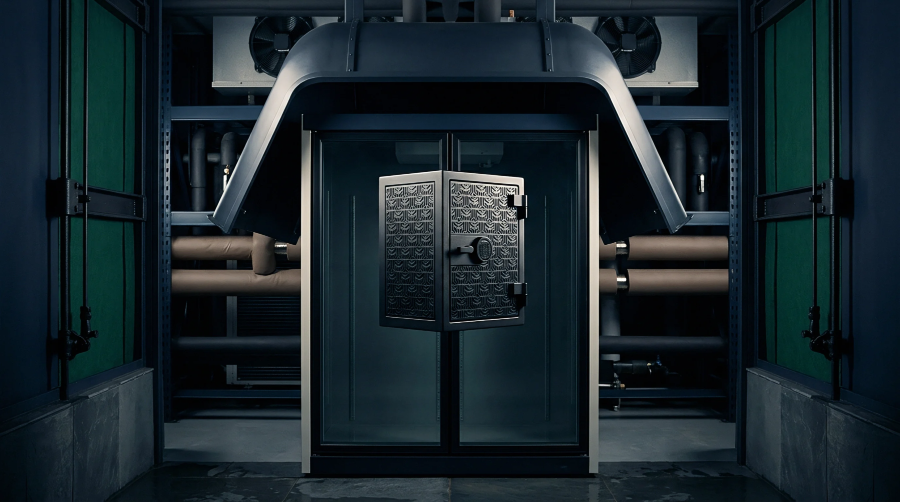A patterned steel safe door suspended within an industrial environment featuring cooling fans and piping networks.