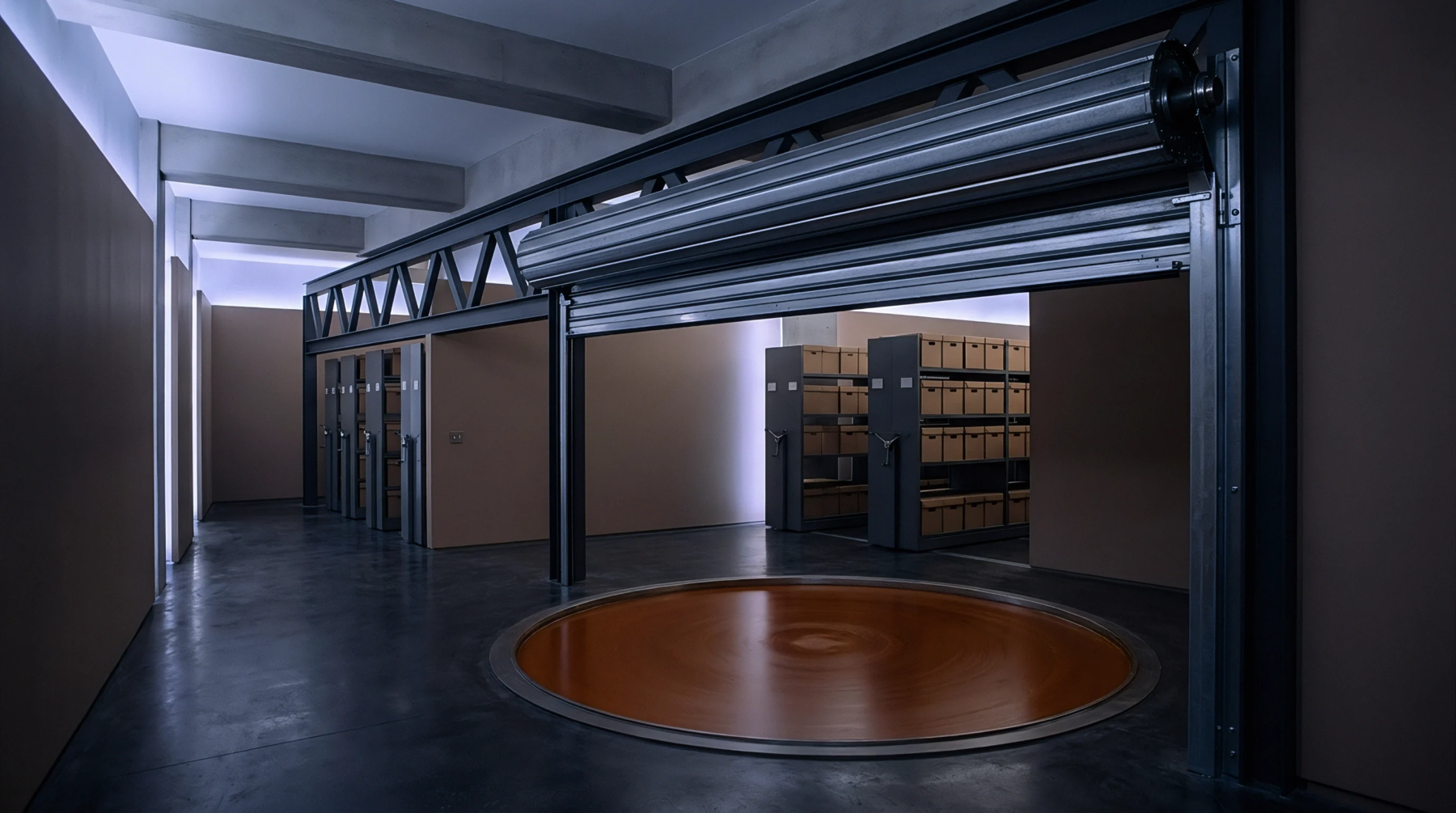 Mobile storage shelving units filled with archives stand behind an open metal shutter next to a circular floor turntable.