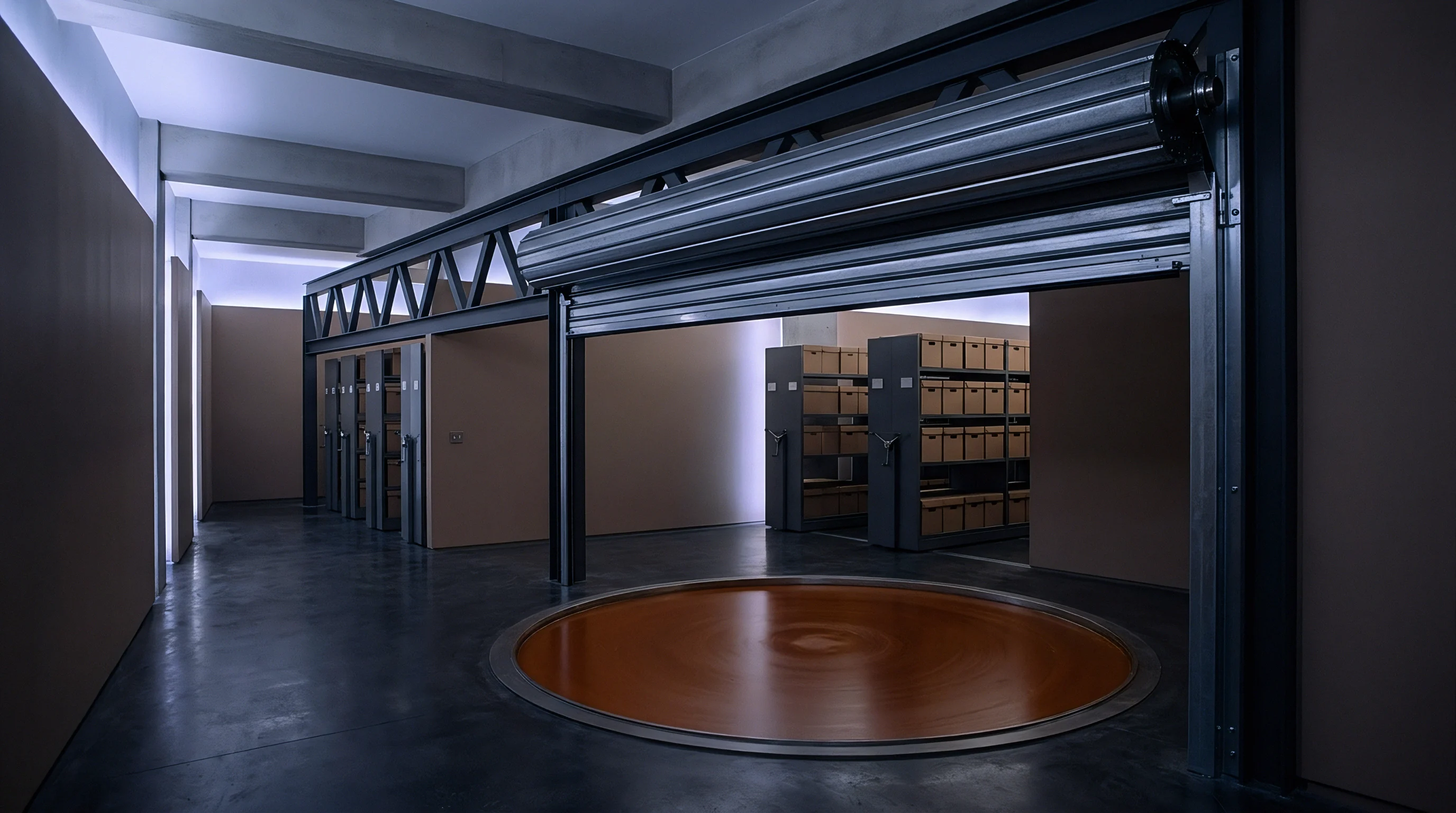 Mobile storage shelving units filled with archives stand behind an open metal shutter next to a circular floor turntable.