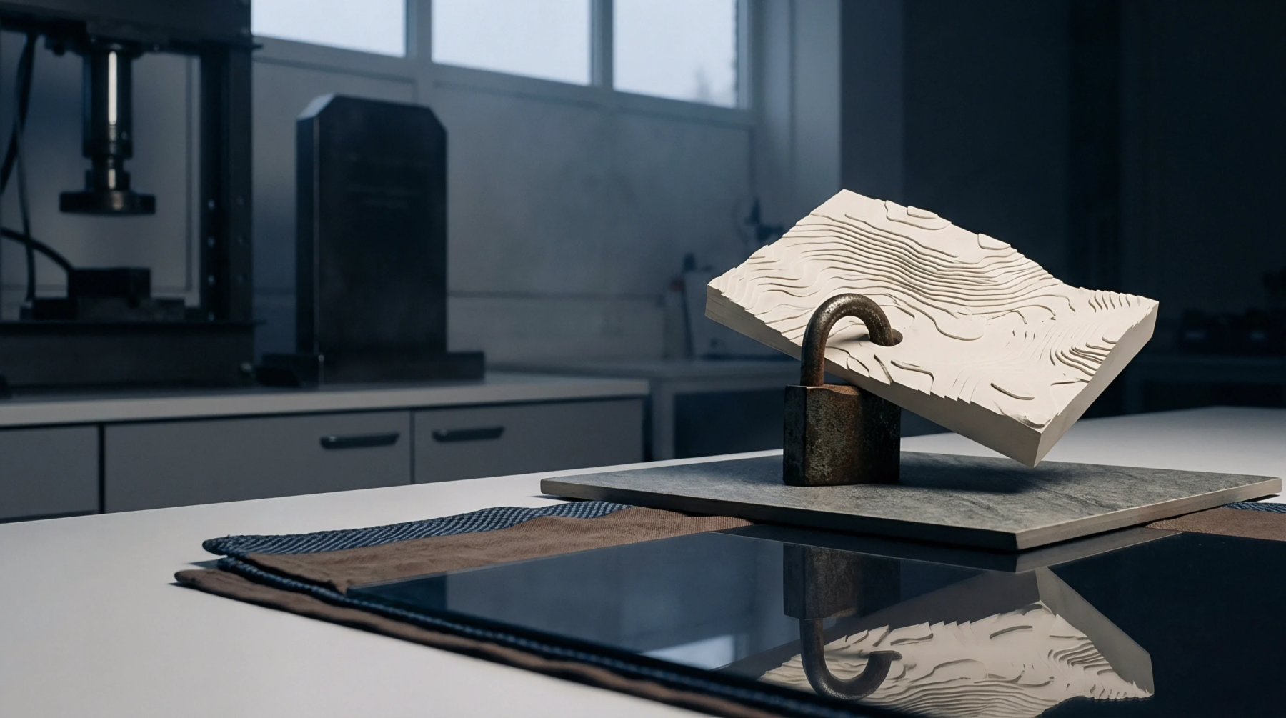 A rusty padlock suspends a textured topographical relief slab above a gray surface within a sterile industrial workspace containing mechanical equipment.