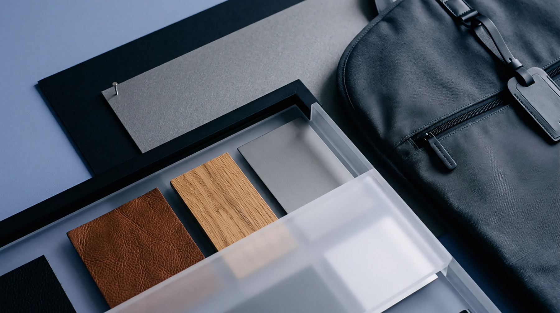 Material samples of wood, leather, and metallic finishes are displayed in a tray next to a dark leather bag on a neutral surface.
