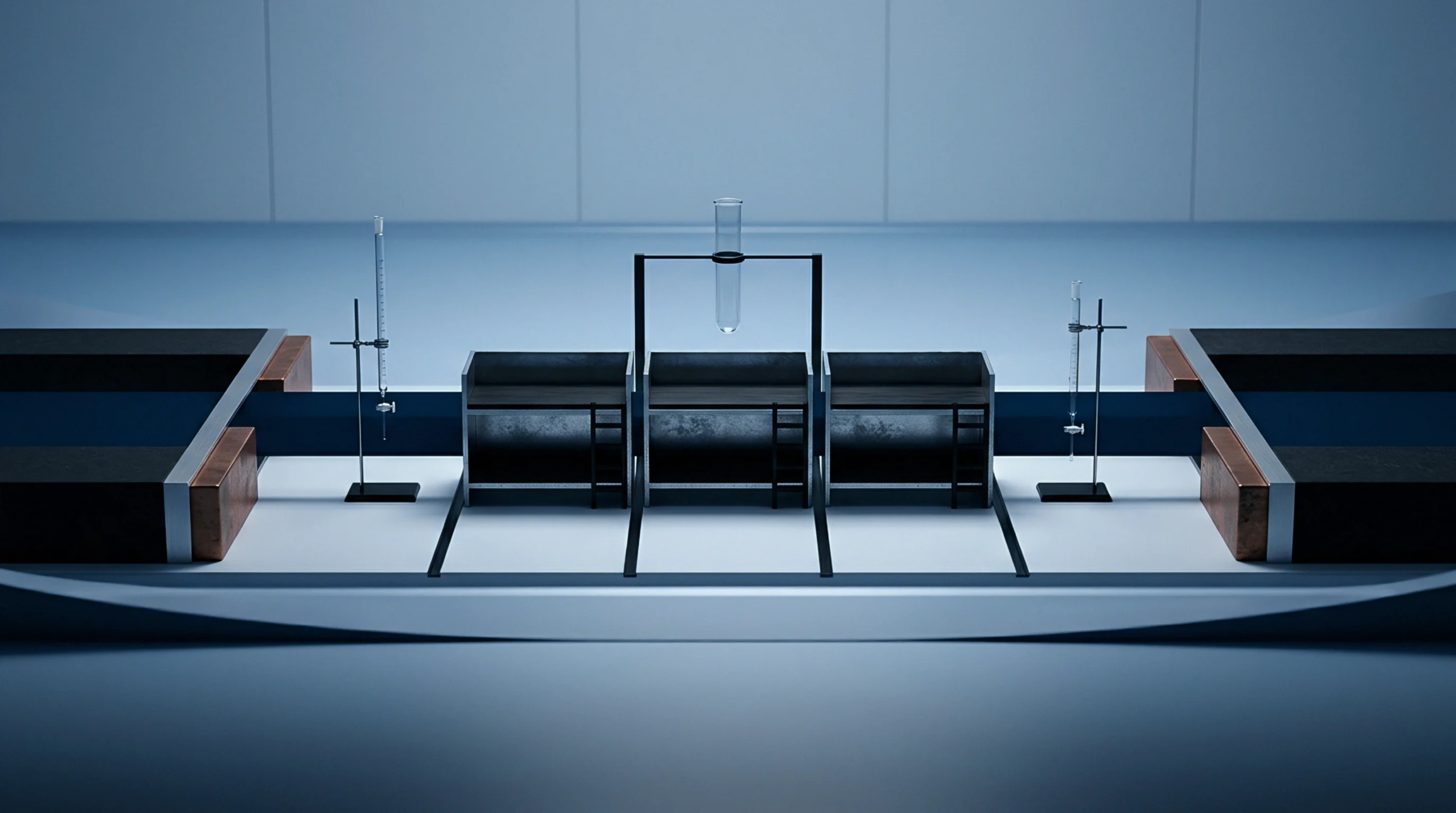 A digital render displays modular laboratory workstations arranged symmetrically with burette stands and a centrally suspended test tube in a sterile industrial environment.