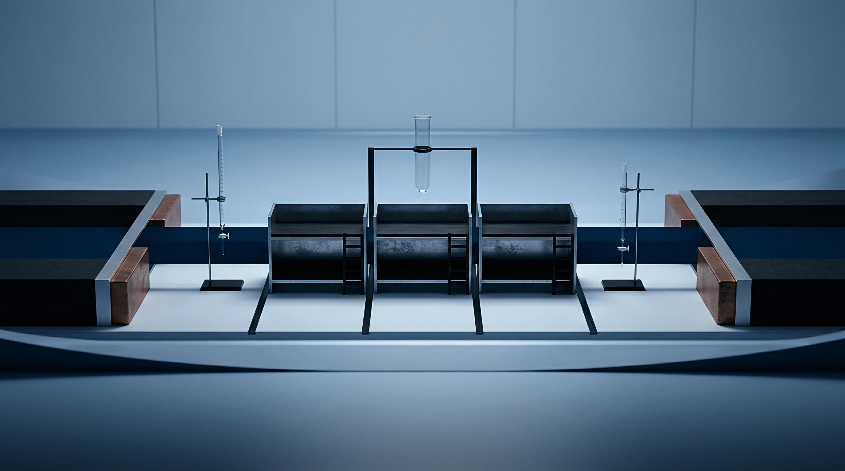 A digital render displays modular laboratory workstations arranged symmetrically with burette stands and a centrally suspended test tube in a sterile industrial environment.
