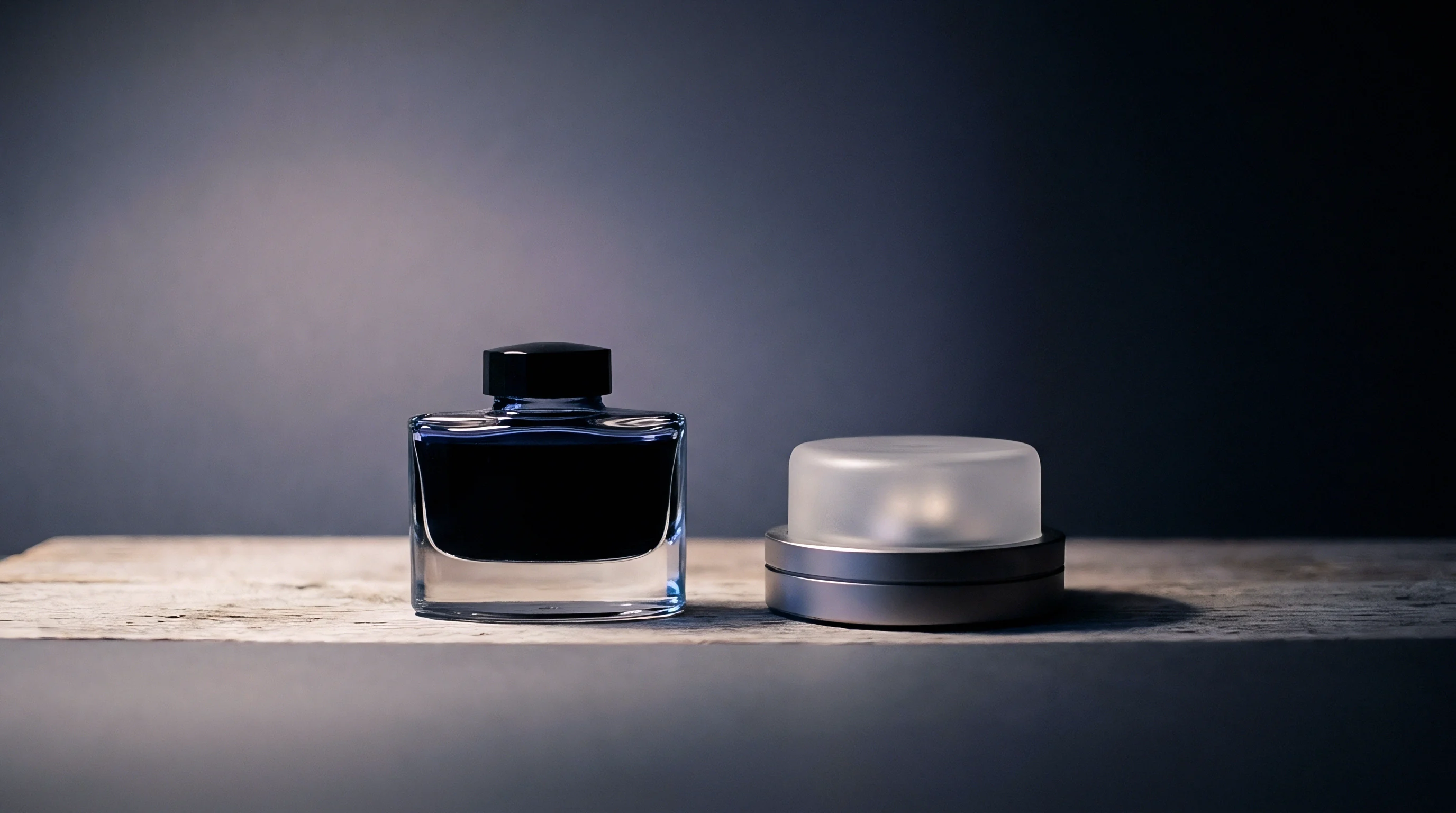 A square glass ink vessel sits beside a circular metallic housing component on a rustic wooden workbench against a dark industrial backdrop.