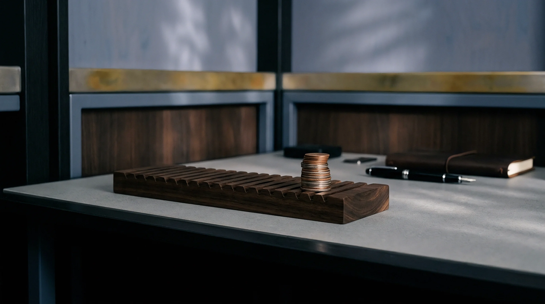 A wooden organizer holds a stack of currency on a minimalist office surface beside a notebook and pen within a corporate workspace.
