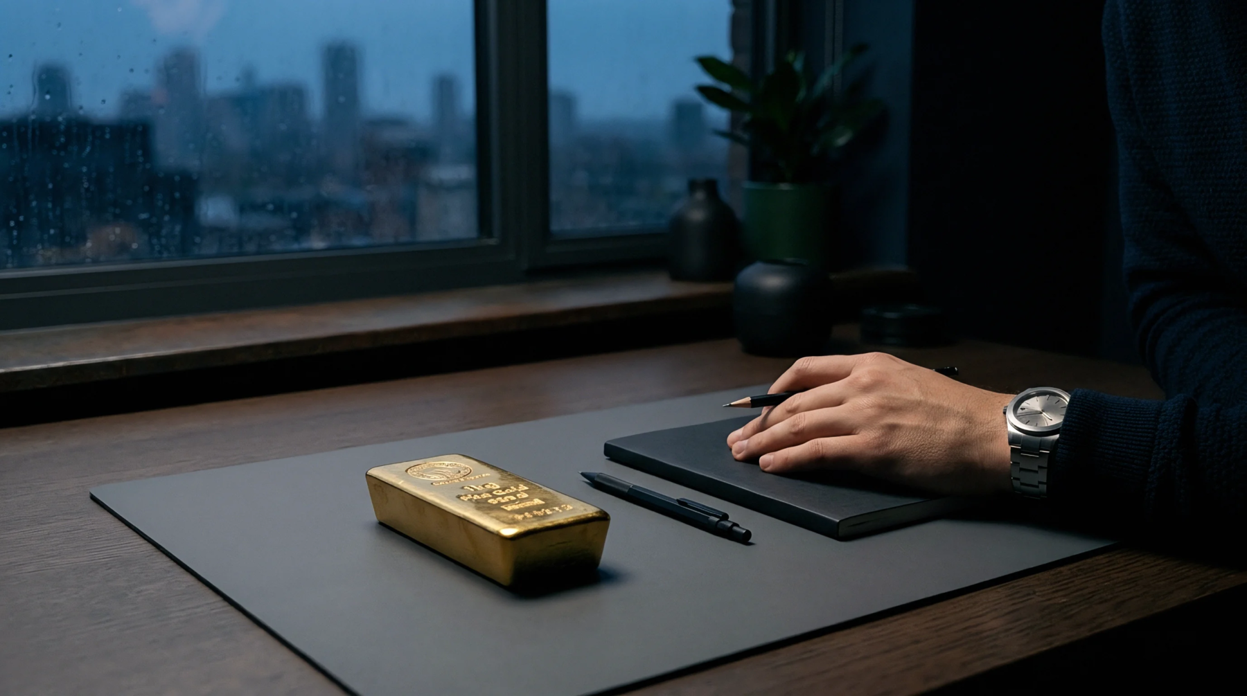 A person rests a hand near a notebook and gold ingot on a desk overlooking a grey urban skyline at dusk.
