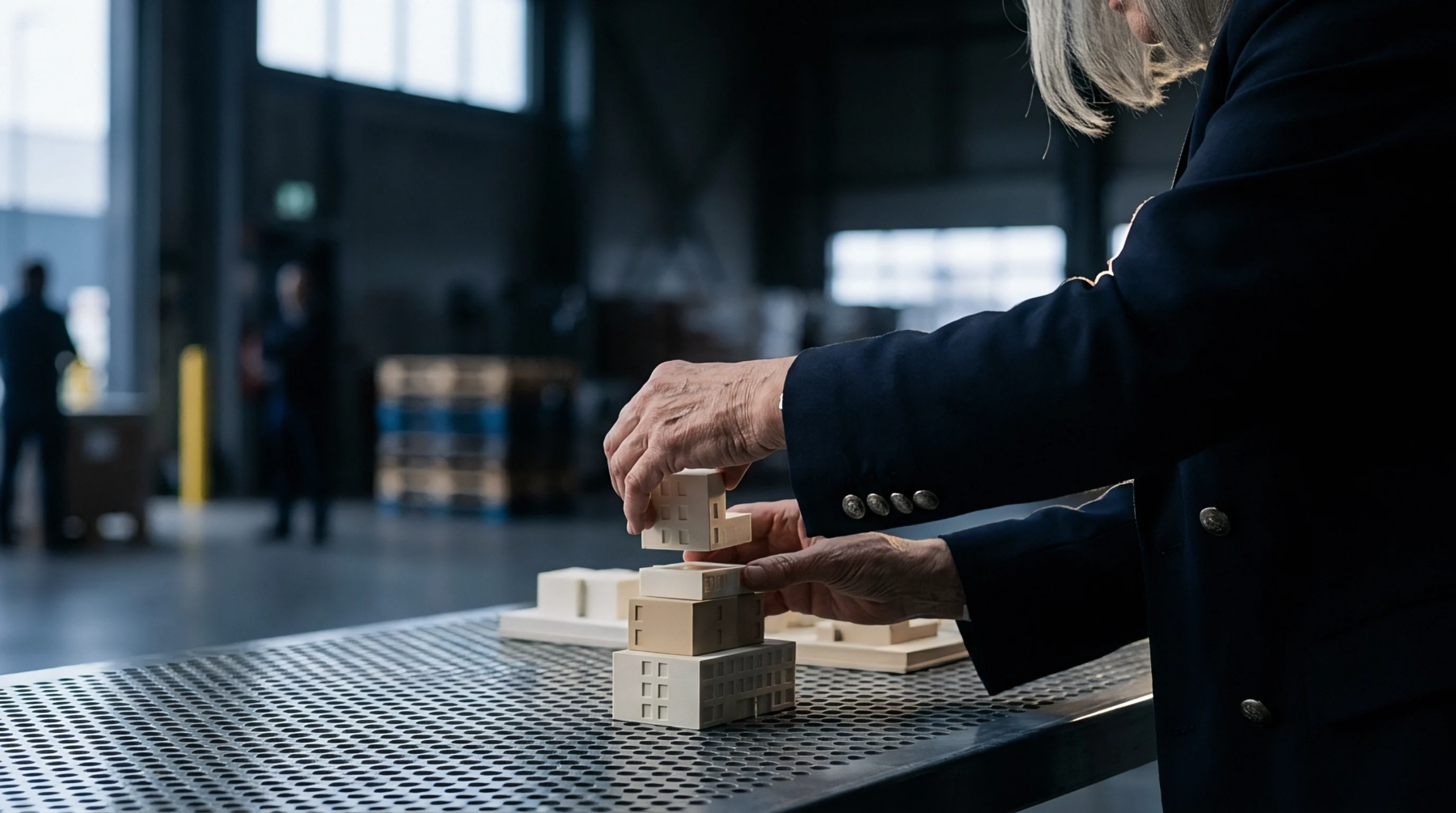 Hands arrange miniature modular facility models upon perforated steel workstation inside a heavy industrial production facility.