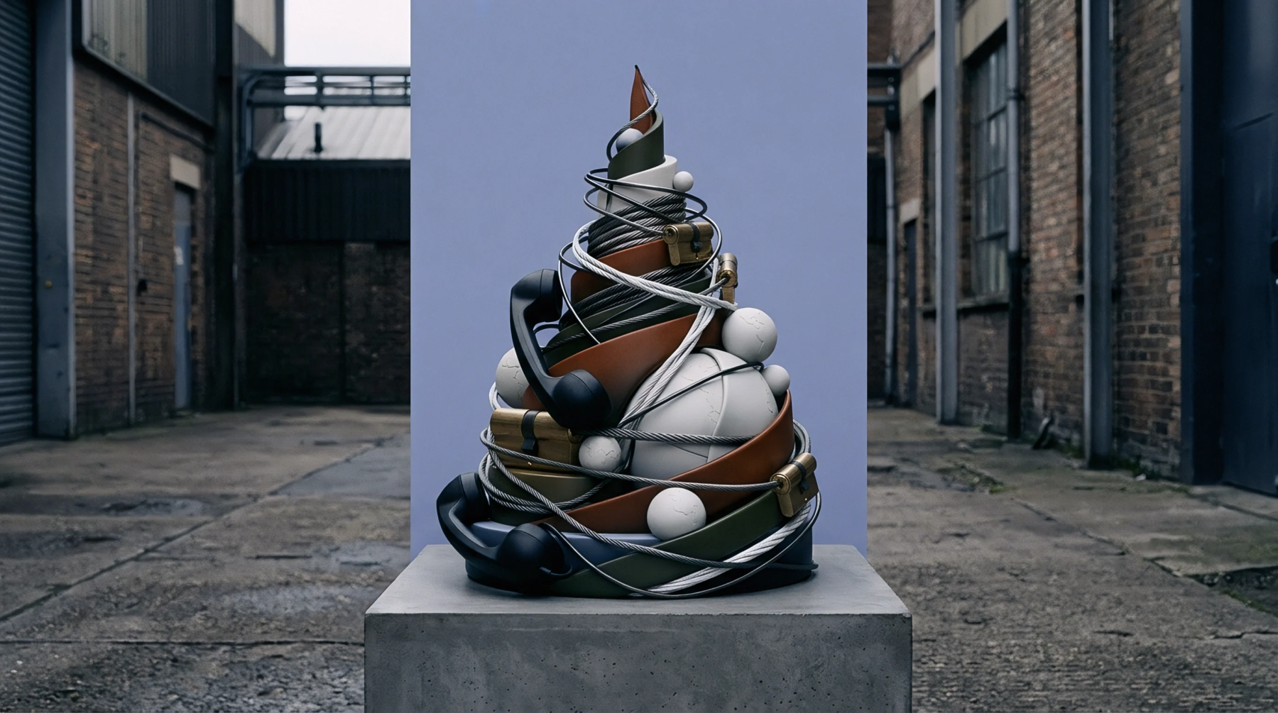 Diverse industrial materials and components including handsets and storage crates arrange into a conical shape upon a poured concrete pedestal within an urban alleyway.
