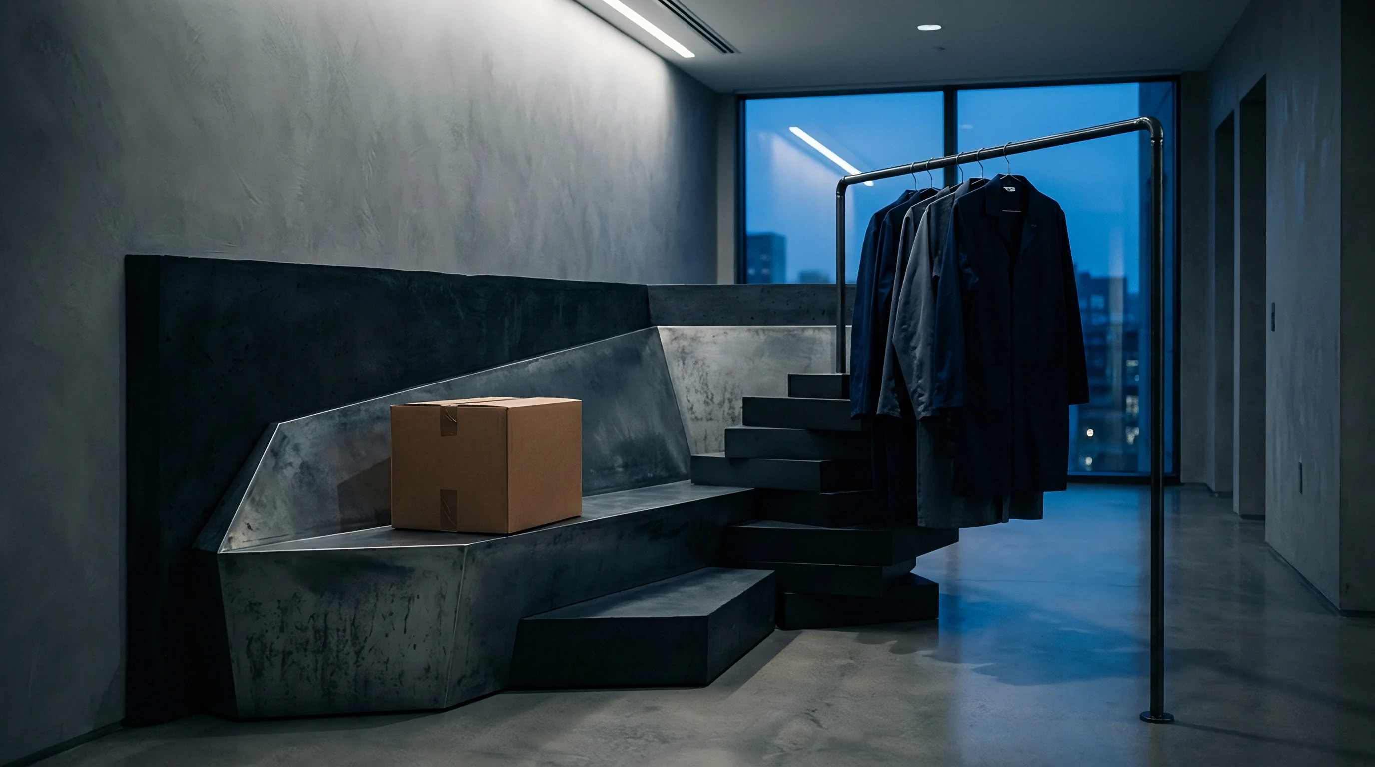 A single corrugated cardboard container sits on a tiered metal architectural structure beside a garment rail within an industrial concrete facility.
