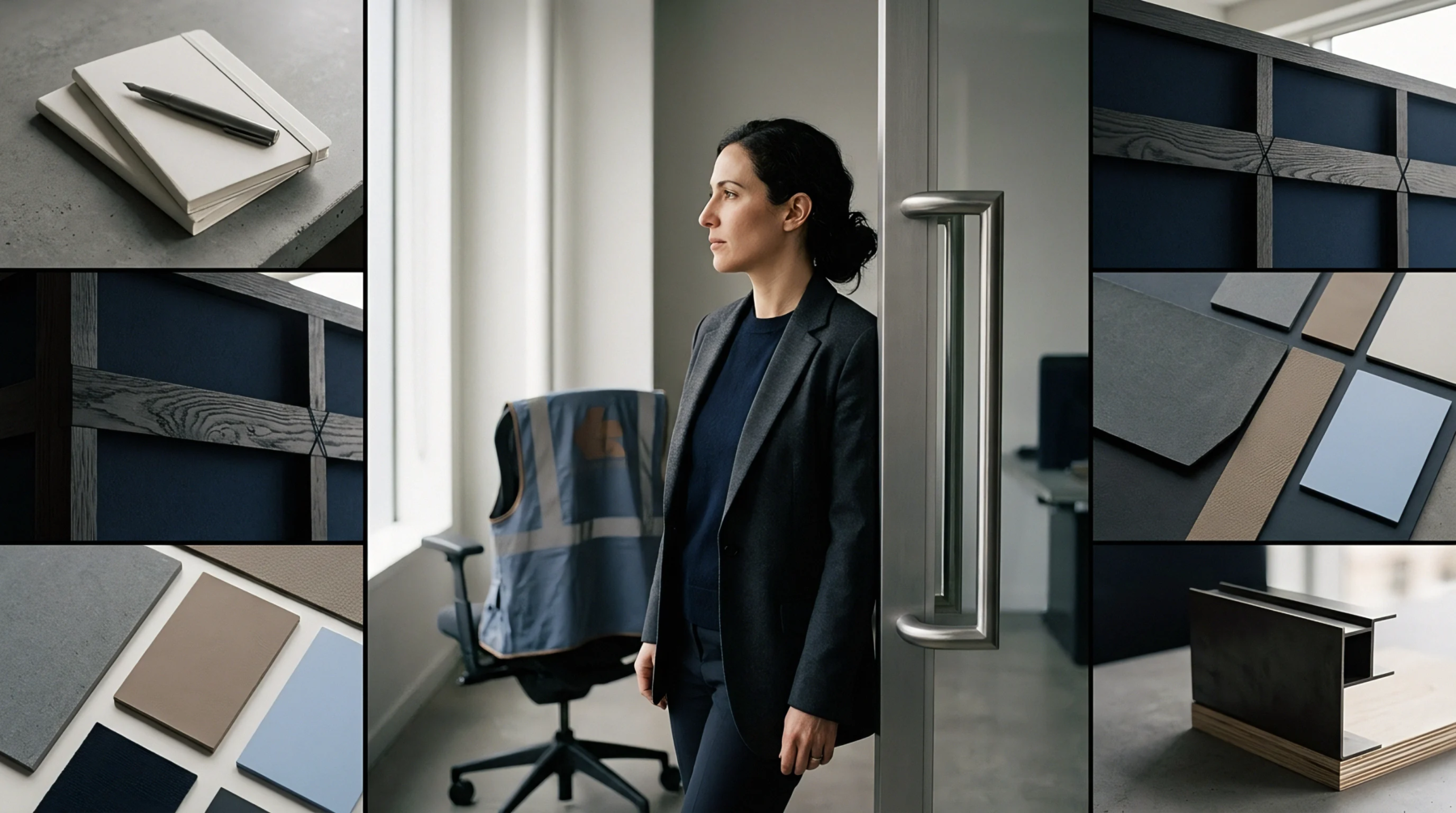 A female executive stands beside a glass partition overlooking an operational facility alongside material sample boards and structural steel profiles.