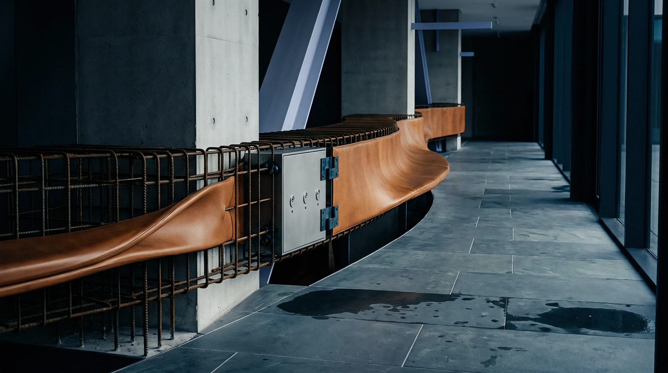 Brown leather upholstery wraps around a geometric rebar framework positioned between concrete columns in this modern industrial building corridor.