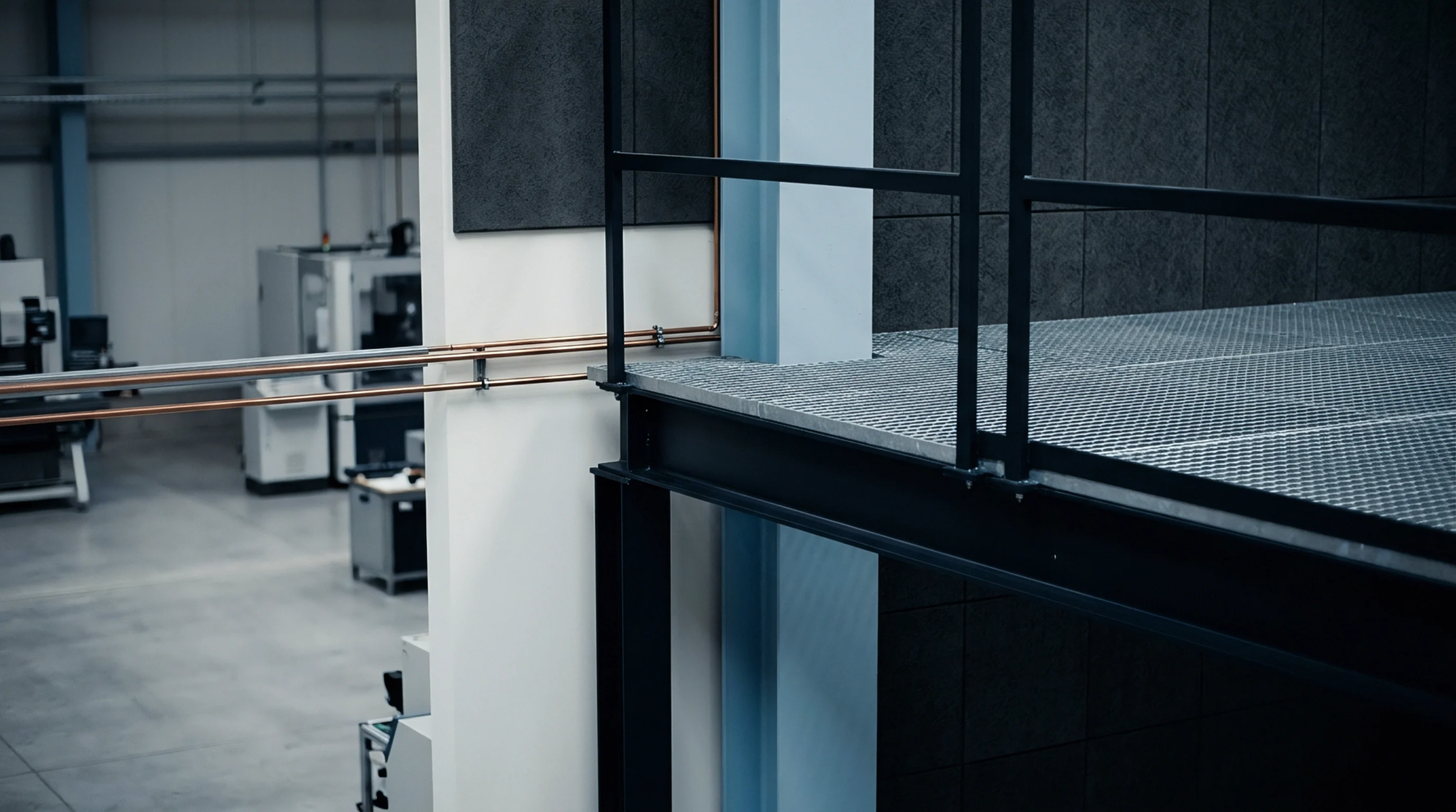 Structural steel mezzanine flooring with black handrails and copper utility pipes extends past concrete pillars inside an active industrial manufacturing plant.