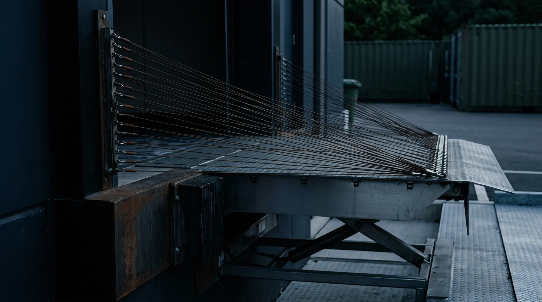 Tension cables connect the hinged platform of an industrial loading dock leveler to the steel wall housing, a feature of heavy duty mechanical interfaces.