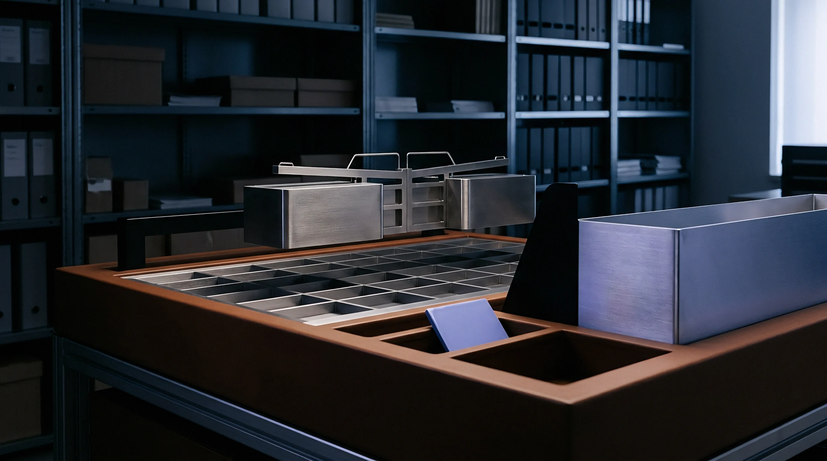 A specialized workstation crafted from dark wood and brushed metal features multiple sorting compartments and a precision balancing mechanism set within an organized industrial archive.