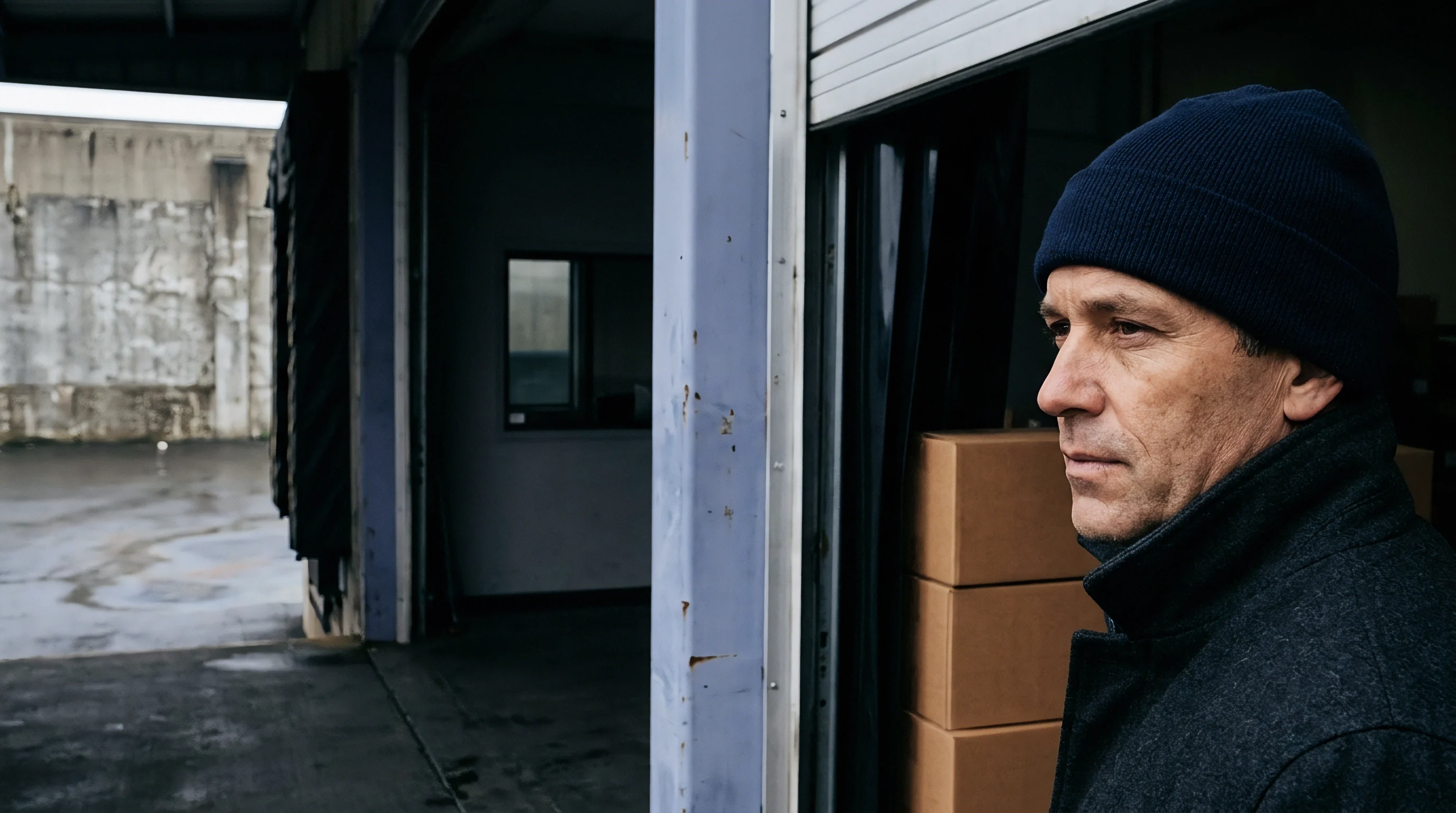Warehouse logistics operations feature a worker in heavy winter attire stationed near stacked corrugated packaging inside a freight loading bay.