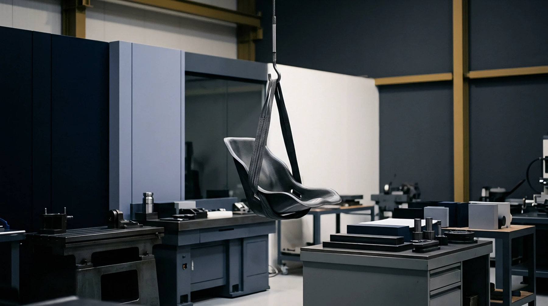 A moulded composite vehicle shell hangs suspended from a lifting strap inside a dark industrial precision machine workshop.