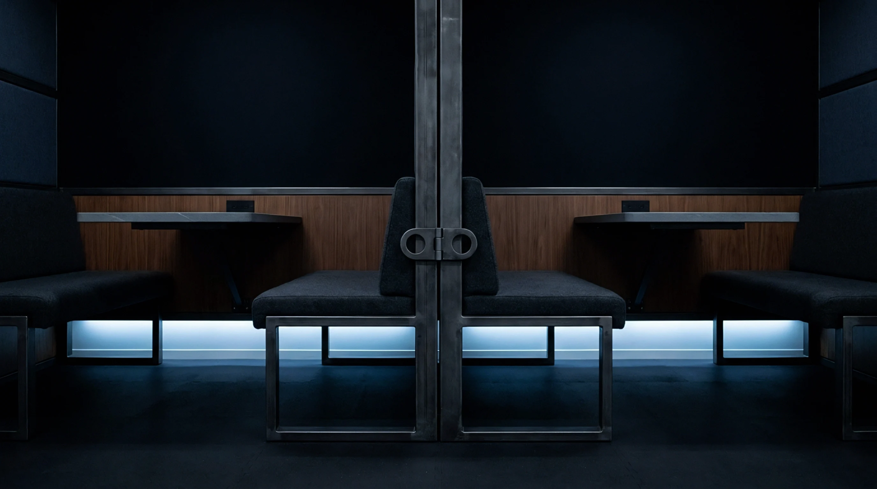 Two matching steel framed fabric booth seats face wooden wall tables on either side of a central metal partition with a dual ring connector.