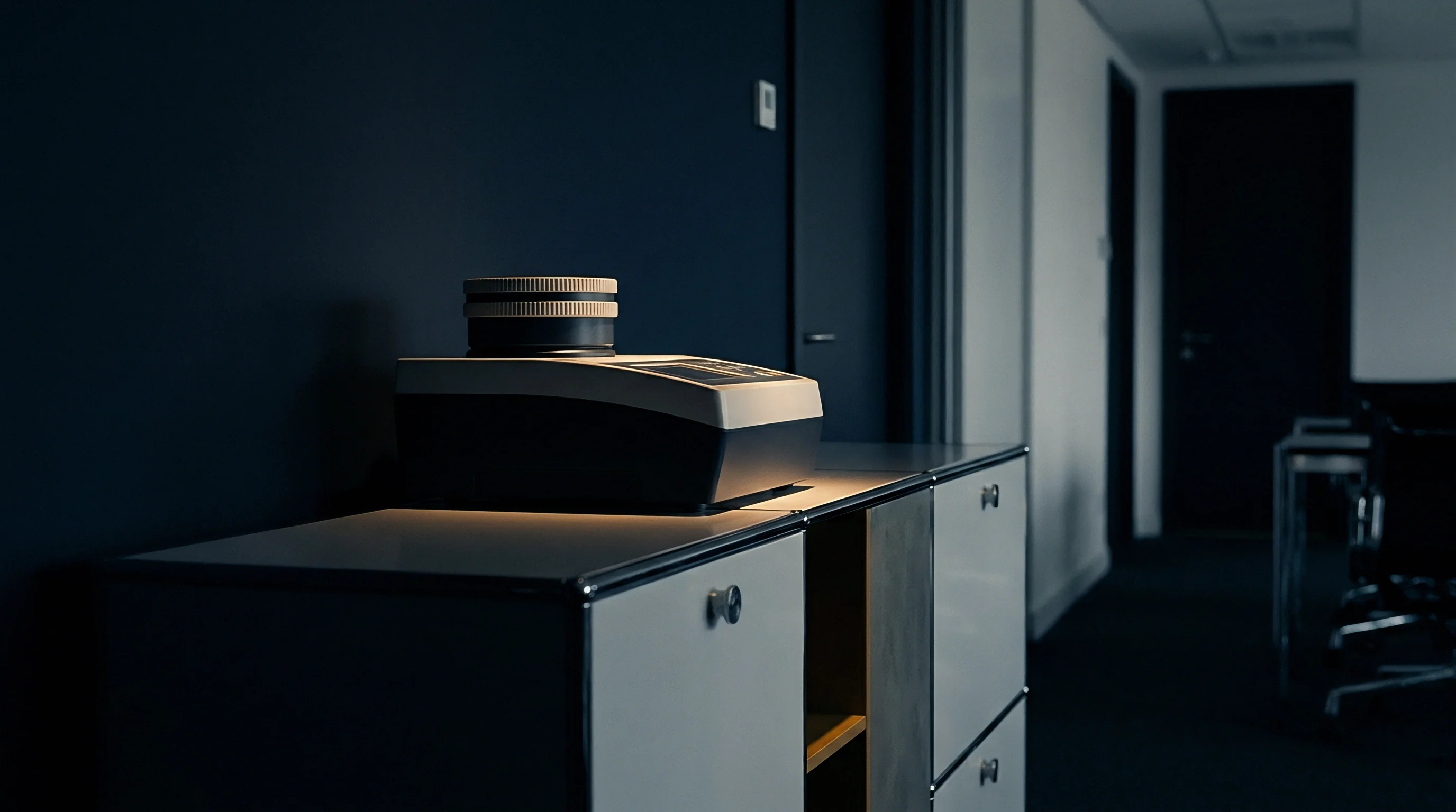 An analytical hardware device with a stacked rotary component rests on a modular storage unit in a dim office hallway setting.