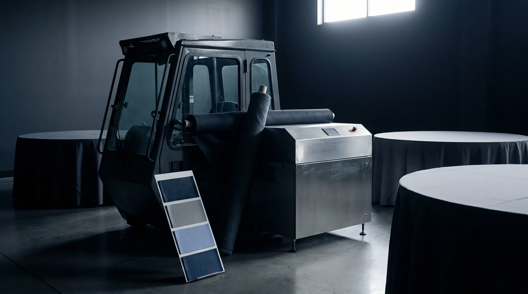 A textile processing machine integrated with a forklift cabin stands in a dark showroom alongside swatch samples and finished fabric rolls.