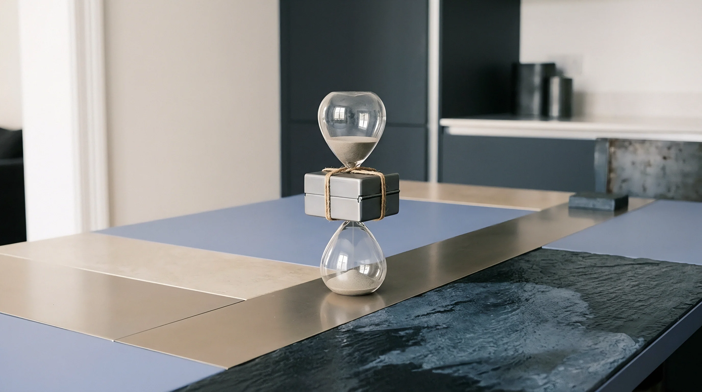 A precisely balanced hourglass and a small tied box rest on a structured multi-material table surface in a contemporary setting.