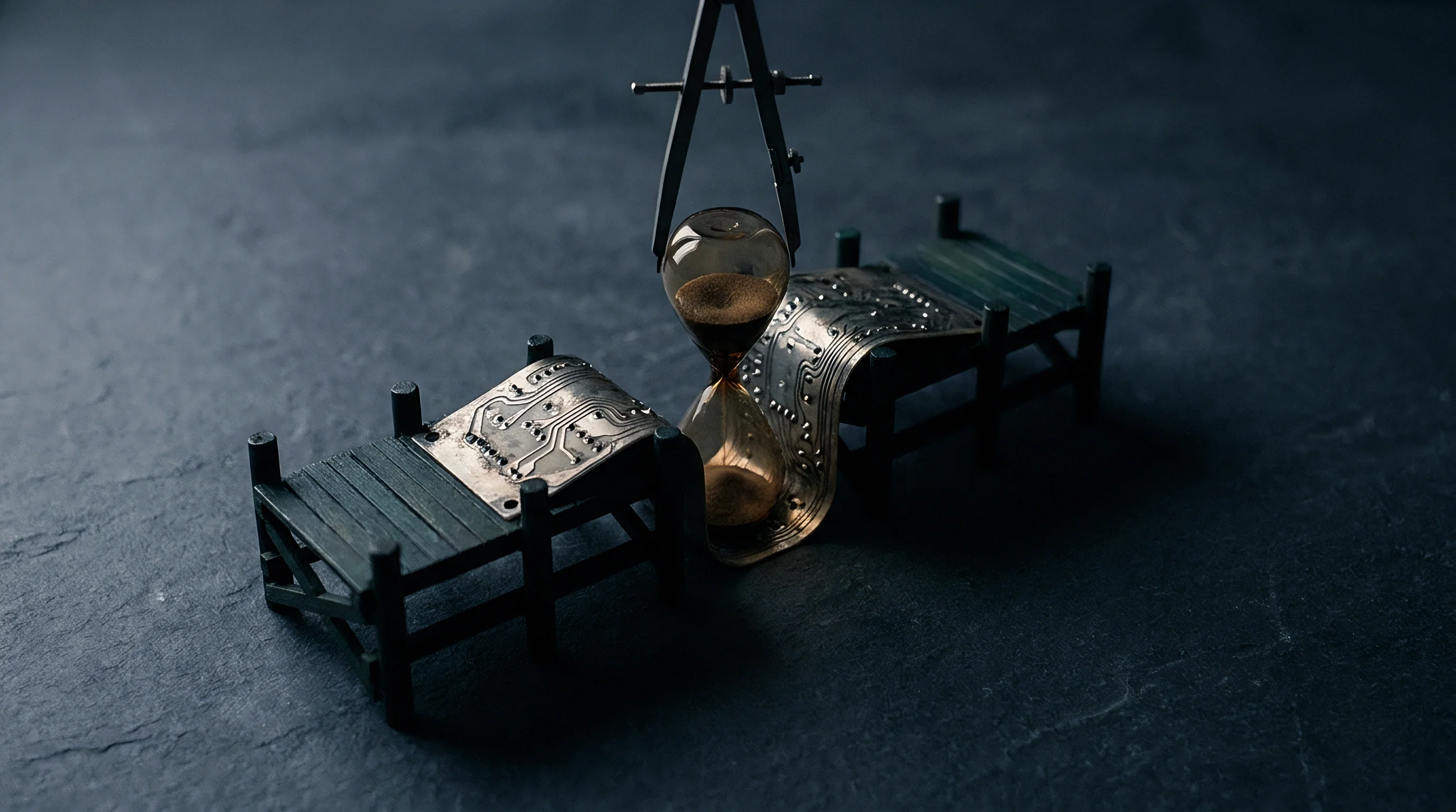 Two miniature wooden piers support a sagging flexible printed circuit board while a suspended glass hourglass hangs between them above dark slate.