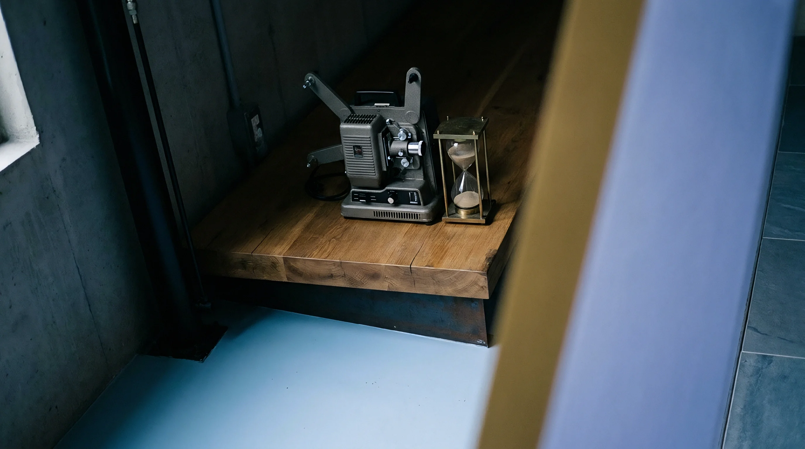 Vintage mechanical media equipment and a brass hourglass sit on a thick wooden bench against a grey concrete wall.